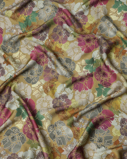 قماش ساتان فيسكوز مودال بطبعة زهور متعددة الألوان باللون الأصفر الخردلي، عرض 110 سم، صنع في الهند - D23295