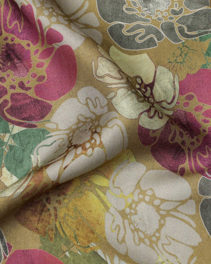 قماش ساتان فيسكوز مودال بطبعة زهور متعددة الألوان باللون الأصفر الخردلي، عرض 110 سم، صنع في الهند - D23295