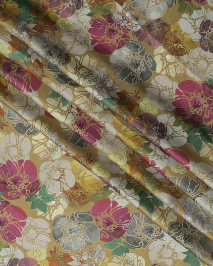 قماش ساتان فيسكوز مودال بطبعة زهور متعددة الألوان باللون الأصفر الخردلي، عرض 110 سم، صنع في الهند - D23295
