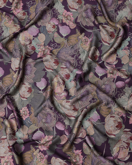 Deep Plum Lotus Floral Print Viscose Modal Satin Fabric, 110 Cms Width, Made in India-D23296