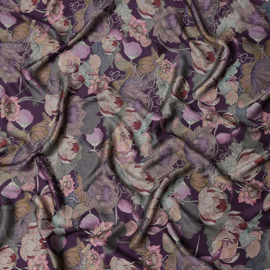 Deep Plum Lotus Floral Print Viscose Modal Satin Fabric, 110 Cms Width, Made in India-D23296