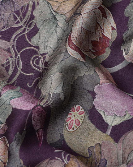 Deep Plum Lotus Floral Print Viscose Modal Satin Fabric, 110 Cms Width, Made in India-D23296