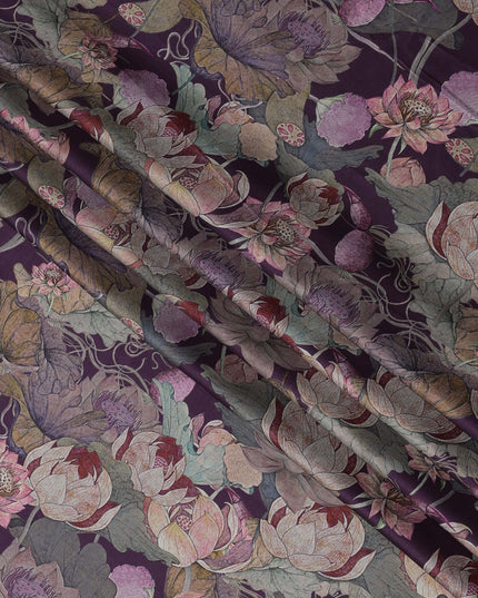Deep Plum Lotus Floral Print Viscose Modal Satin Fabric, 110 Cms Width, Made in India-D23296