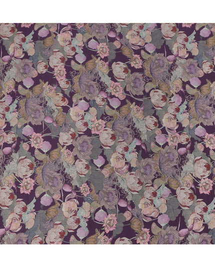 Deep Plum Lotus Floral Print Viscose Modal Satin Fabric, 110 Cms Width, Made in India-D23296