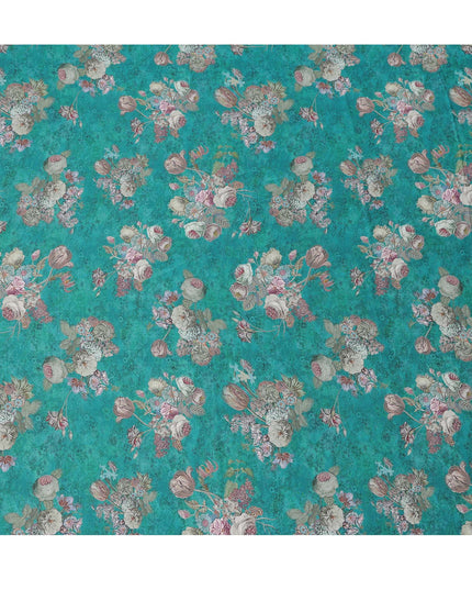 قماش فيسكوز مودال ساتان بطبعة باقة ورود عتيقة باللون الأخضر الفيروزي، عرض 110 سم، صنع في الهند - D23297