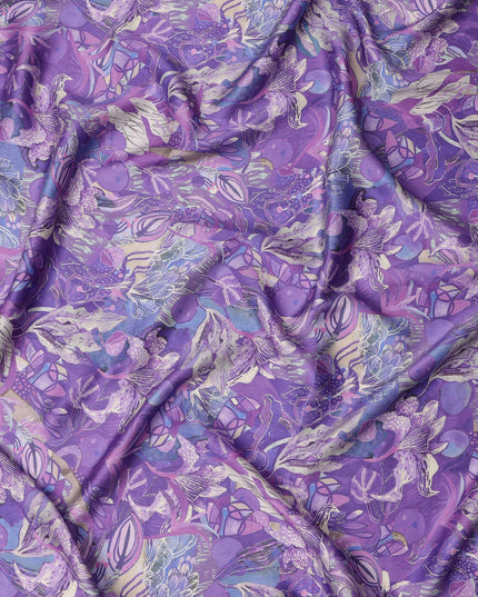 Violet Abstract Botanical Print Viscose Modal Satin Fabric, 110 Cms Width, Made in India-D23298