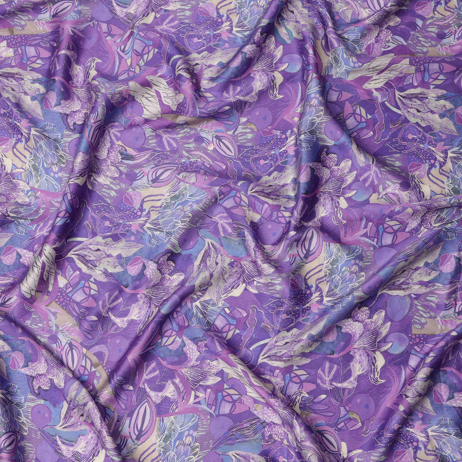 Violet Abstract Botanical Print Viscose Modal Satin Fabric, 110 Cms Width, Made in India-D23298