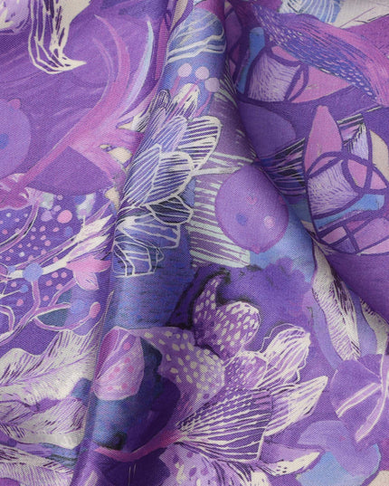 Violet Abstract Botanical Print Viscose Modal Satin Fabric, 110 Cms Width, Made in India-D23298