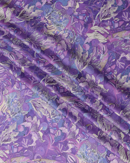 Violet Abstract Botanical Print Viscose Modal Satin Fabric, 110 Cms Width, Made in India-D23298