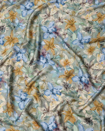Sage Green Watercolor Floral Print Viscose Modal Satin Fabric, 110 Cms Width, Made in India-D23299 Regal Fabrics