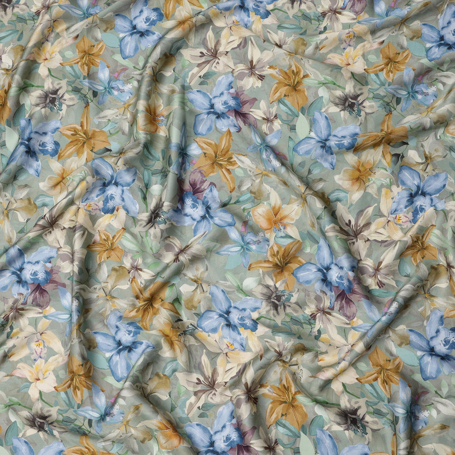 Sage Green Watercolor Floral Print Viscose Modal Satin Fabric, 110 Cms Width, Made in India-D23299 Regal Fabrics
