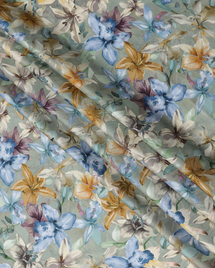 Sage Green Watercolor Floral Print Viscose Modal Satin Fabric, 110 Cms Width, Made in India-D23299 Regal Fabrics