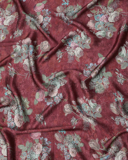 Maroon Vintage Rose Bouquet Print Viscose Modal Satin Fabric, 110 Cms Width, Made in India-D23300
