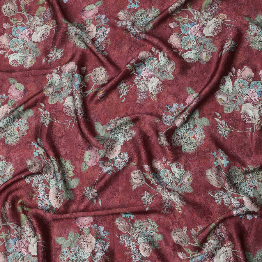 Maroon Vintage Rose Bouquet Print Viscose Modal Satin Fabric, 110 Cms Width, Made in India-D23300