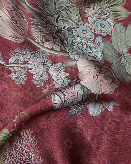 Maroon Vintage Rose Bouquet Print Viscose Modal Satin Fabric, 110 Cms Width, Made in India-D23300