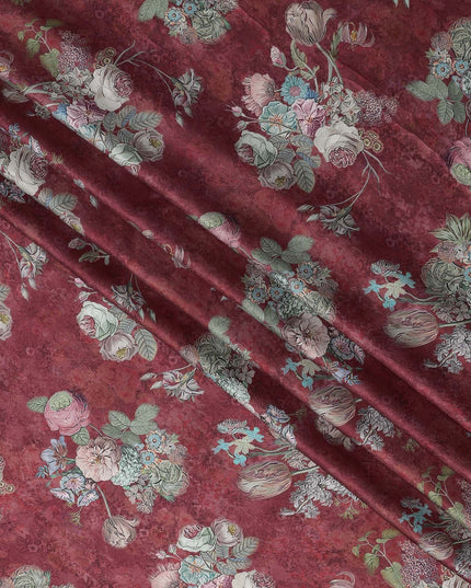 Maroon Vintage Rose Bouquet Print Viscose Modal Satin Fabric, 110 Cms Width, Made in India-D23300