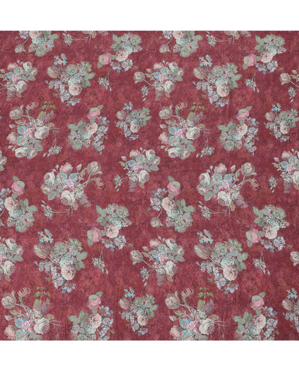 Maroon Vintage Rose Bouquet Print Viscose Modal Satin Fabric, 110 Cms Width, Made in India-D23300