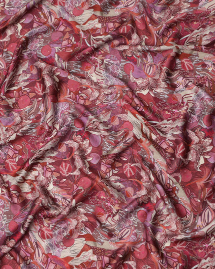 قماش ساتان فيسكوز مودال بطبعة نباتية تجريدية باللون الأحمر القرمزي، عرض 110 سم، صنع في الهند - D23301