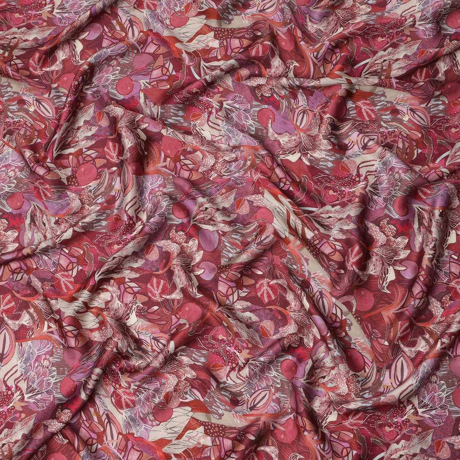 قماش ساتان فيسكوز مودال بطبعة نباتية تجريدية باللون الأحمر القرمزي، عرض 110 سم، صنع في الهند - D23301
