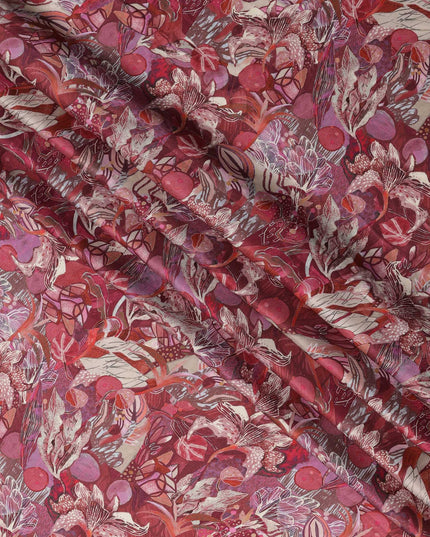 قماش ساتان فيسكوز مودال بطبعة نباتية تجريدية باللون الأحمر القرمزي، عرض 110 سم، صنع في الهند - D23301