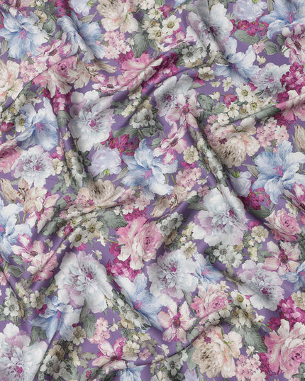Lavender Multicolor Romantic Floral Print Viscose Modal Satin Fabric, 110 Cms Width, Made in India-D23302
