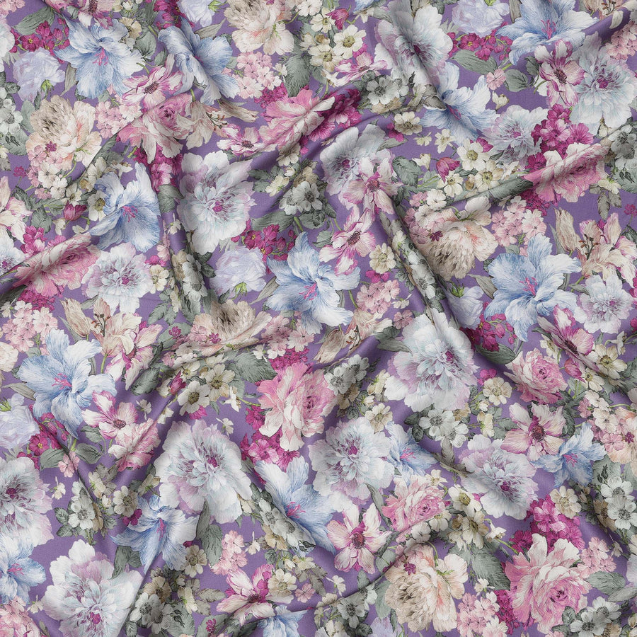 Lavender Multicolor Romantic Floral Print Viscose Modal Satin Fabric, 110 Cms Width, Made in India-D23302
