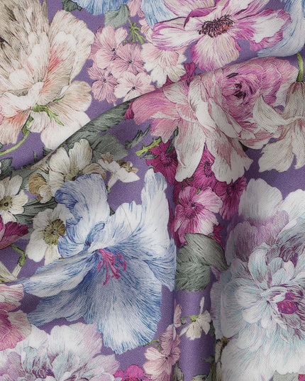 Lavender Multicolor Romantic Floral Print Viscose Modal Satin Fabric, 110 Cms Width, Made in India-D23302