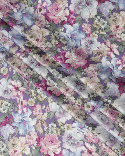 Lavender Multicolor Romantic Floral Print Viscose Modal Satin Fabric, 110 Cms Width, Made in India-D23302