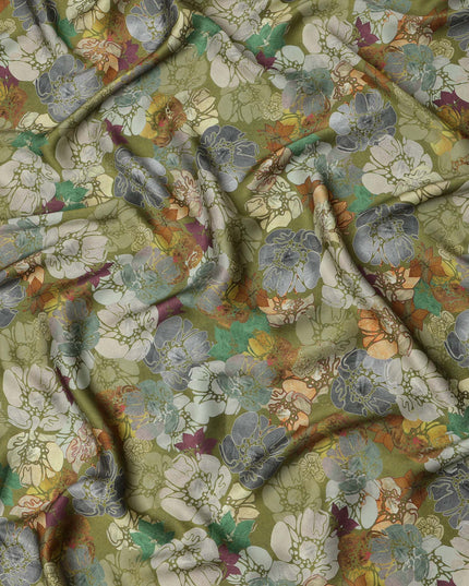 قماش فيسكوز مودال ساتان بطبعة زهور متعددة الألوان باللون الأخضر الزيتوني، عرض 110 سم، صنع في الهند - D23303