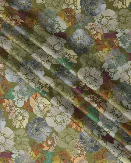 قماش فيسكوز مودال ساتان بطبعة زهور متعددة الألوان باللون الأخضر الزيتوني، عرض 110 سم، صنع في الهند - D23303