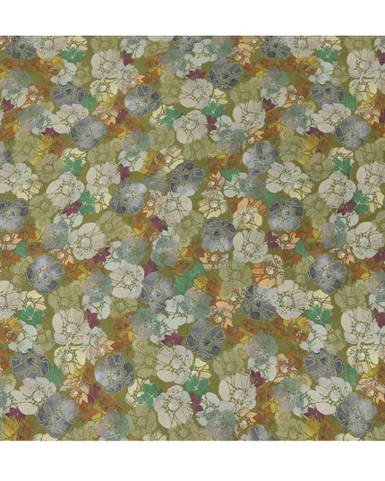 قماش فيسكوز مودال ساتان بطبعة زهور متعددة الألوان باللون الأخضر الزيتوني، عرض 110 سم، صنع في الهند - D23303