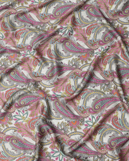 Ivory Multicolor Paisley Print Viscose Modal Satin Fabric, 110 Cms Width, Made in India-D23304