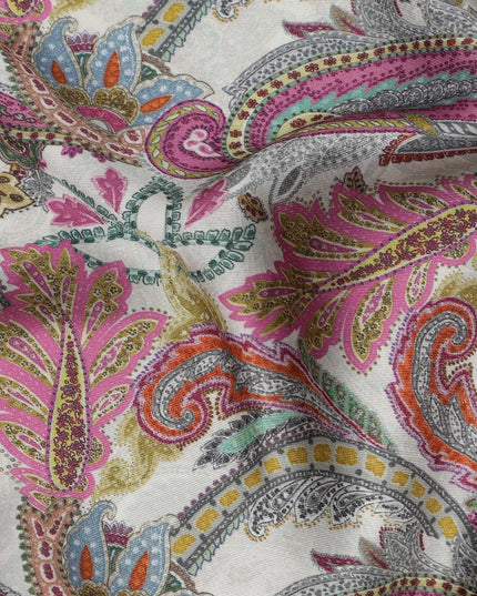 Ivory Multicolor Paisley Print Viscose Modal Satin Fabric, 110 Cms Width, Made in India-D23304