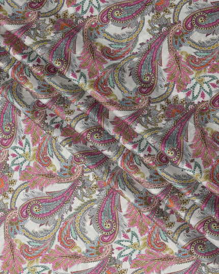 Ivory Multicolor Paisley Print Viscose Modal Satin Fabric, 110 Cms Width, Made in India-D23304