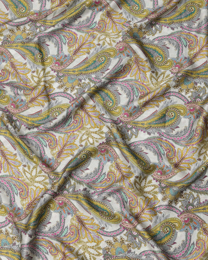 Ivory Yellow Multicolor Paisley Print Viscose Modal Satin Fabric, 110 Cms Width, Made in India-D23305