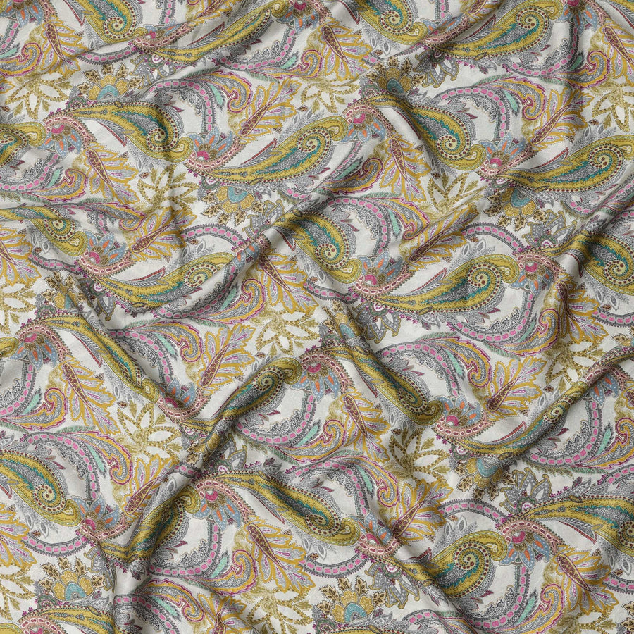 Ivory Yellow Multicolor Paisley Print Viscose Modal Satin Fabric, 110 Cms Width, Made in India-D23305