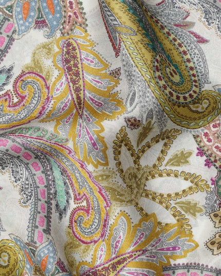 Ivory Yellow Multicolor Paisley Print Viscose Modal Satin Fabric, 110 Cms Width, Made in India-D23305