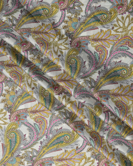 Ivory Yellow Multicolor Paisley Print Viscose Modal Satin Fabric, 110 Cms Width, Made in India-D23305