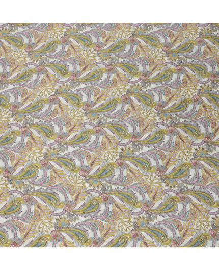 Ivory Yellow Multicolor Paisley Print Viscose Modal Satin Fabric, 110 Cms Width, Made in India-D23305