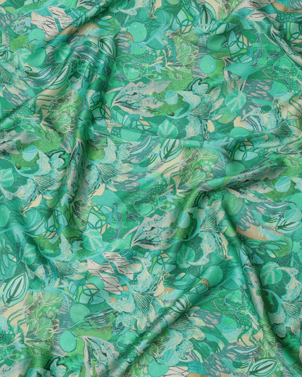 Emerald Green Abstract Botanical Print Viscose Modal Satin Fabric, 110 Cms Width, Made in India-D23306