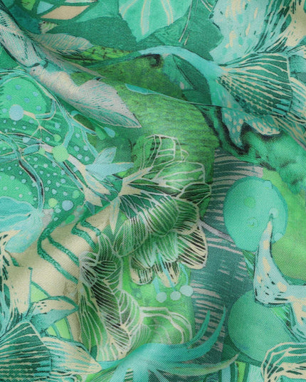 Emerald Green Abstract Botanical Print Viscose Modal Satin Fabric, 110 Cms Width, Made in India-D23306