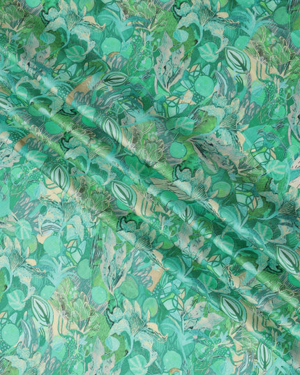Emerald Green Abstract Botanical Print Viscose Modal Satin Fabric, 110 Cms Width, Made in India-D23306