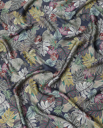 Navy Blue Multicolor Tropical Leaf Print Viscose Modal Satin Fabric, 110 Cms Width, Made in India-D23307 Regal Fabrics