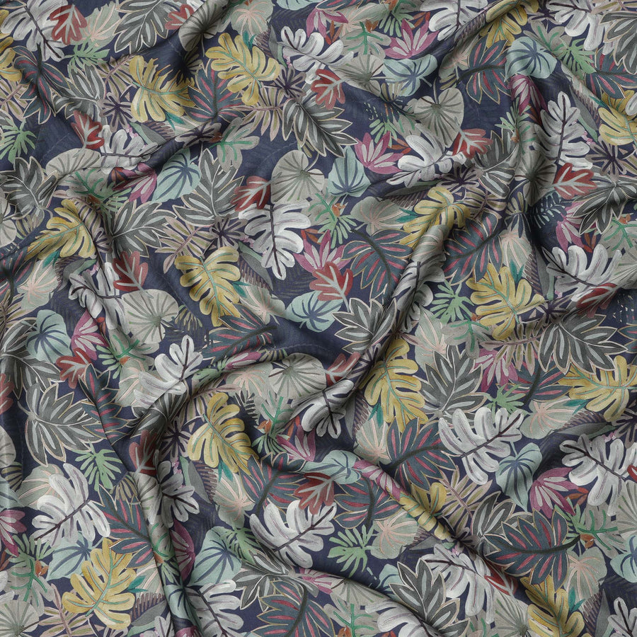 Navy Blue Multicolor Tropical Leaf Print Viscose Modal Satin Fabric, 110 Cms Width, Made in India-D23307 Regal Fabrics