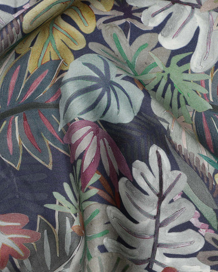 Navy Blue Multicolor Tropical Leaf Print Viscose Modal Satin Fabric, 110 Cms Width, Made in India-D23307 Regal Fabrics