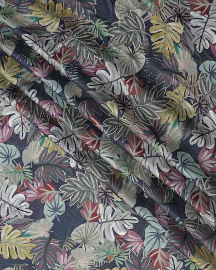 Navy Blue Multicolor Tropical Leaf Print Viscose Modal Satin Fabric, 110 Cms Width, Made in India-D23307 Regal Fabrics