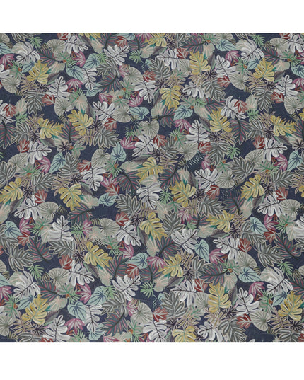Navy Blue Multicolor Tropical Leaf Print Viscose Modal Satin Fabric, 110 Cms Width, Made in India-D23307 Regal Fabrics