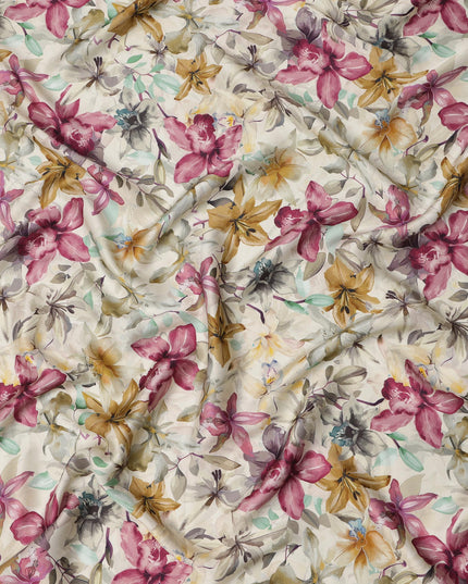 قماش فيسكوز مودال ساتان بطبعة زهور باللون الوردي العاجي والخردلي، عرض 110 سم، صنع في الهند - D23308