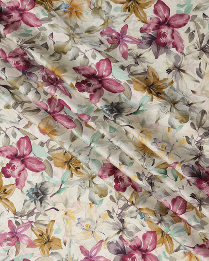 قماش فيسكوز مودال ساتان بطبعة زهور باللون الوردي العاجي والخردلي، عرض 110 سم، صنع في الهند - D23308