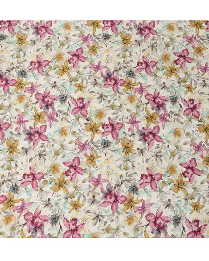 قماش فيسكوز مودال ساتان بطبعة زهور باللون الوردي العاجي والخردلي، عرض 110 سم، صنع في الهند - D23308